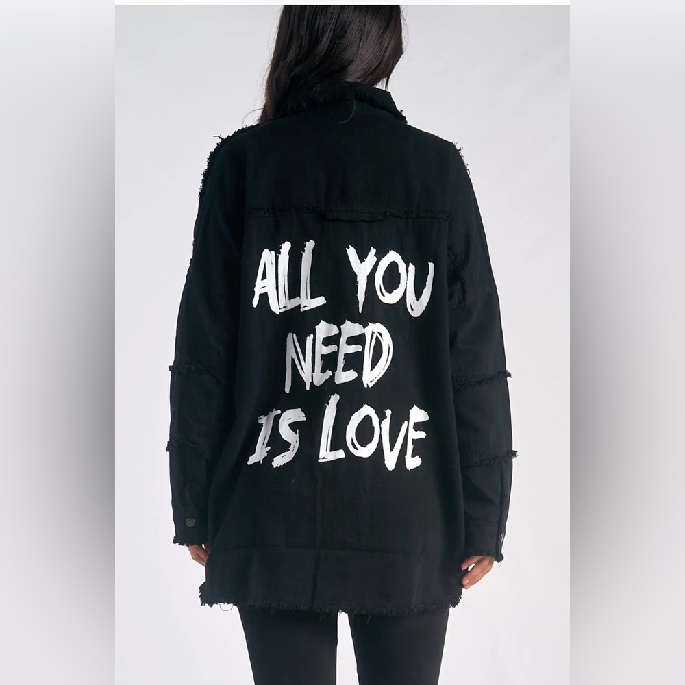 Elan Women black Jean shacket with White Graphic All you need is love XS NWT